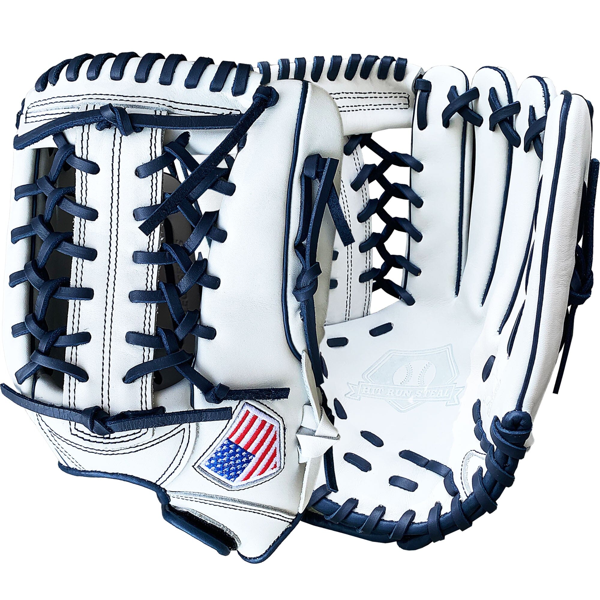 13 Softball First Base Mitt - Navy with White Web – Hit Run Steal