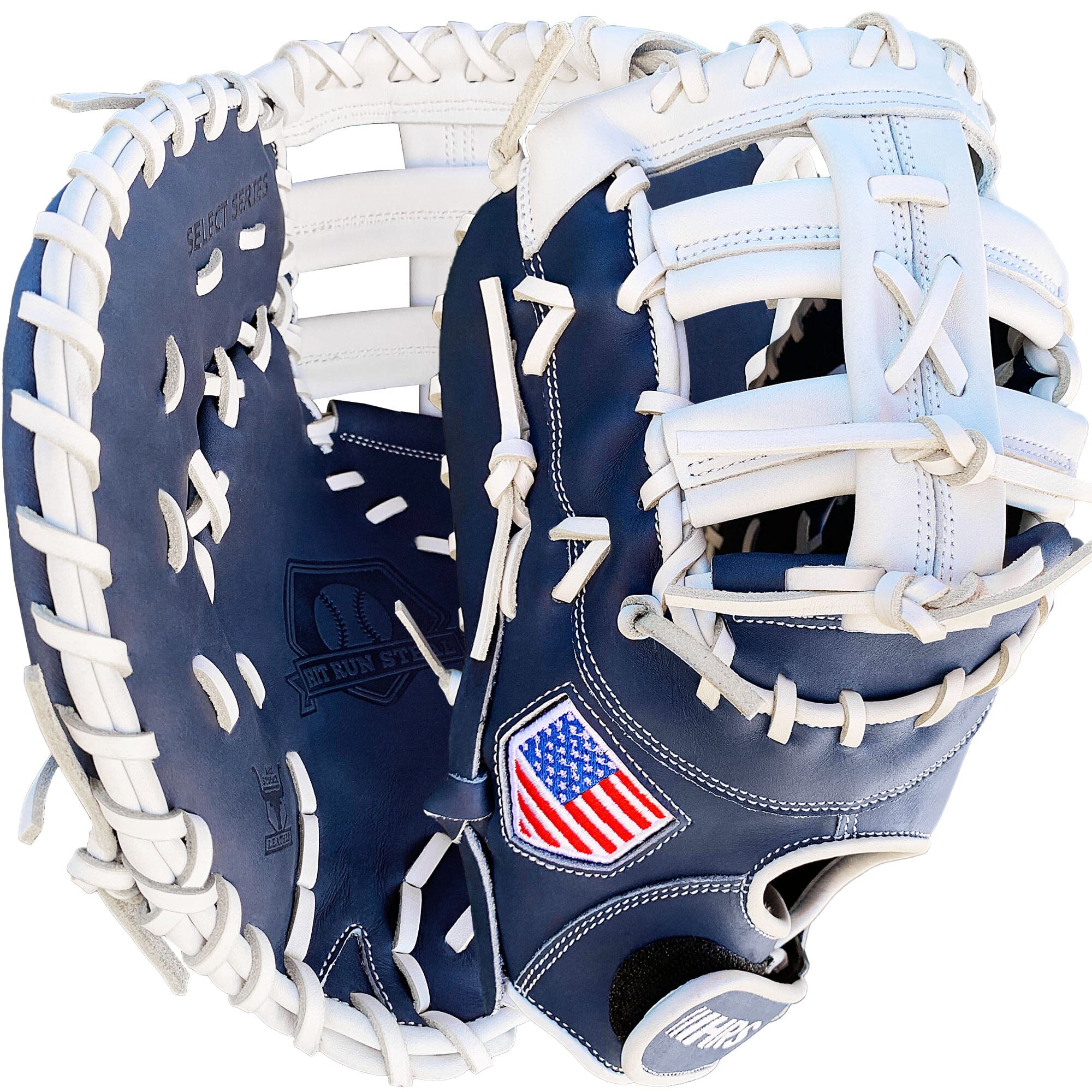 13 Softball First Base Mitt - Navy with White Web – Hit Run Steal