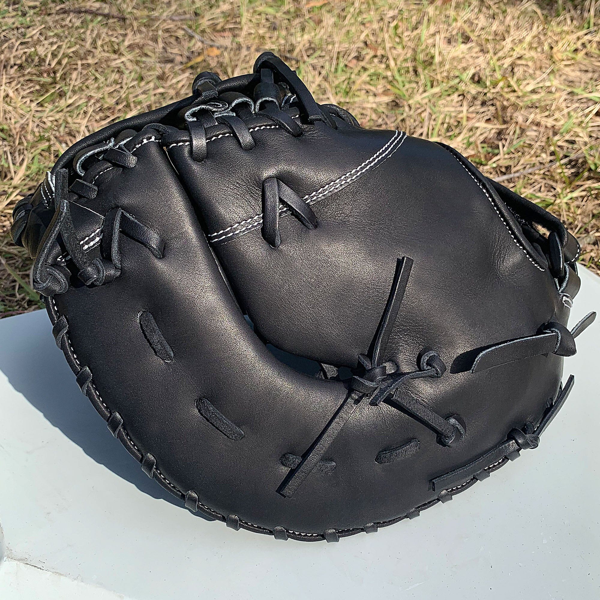 13 Softball First Base Mitt Black with Black Laces Hit Run Steal